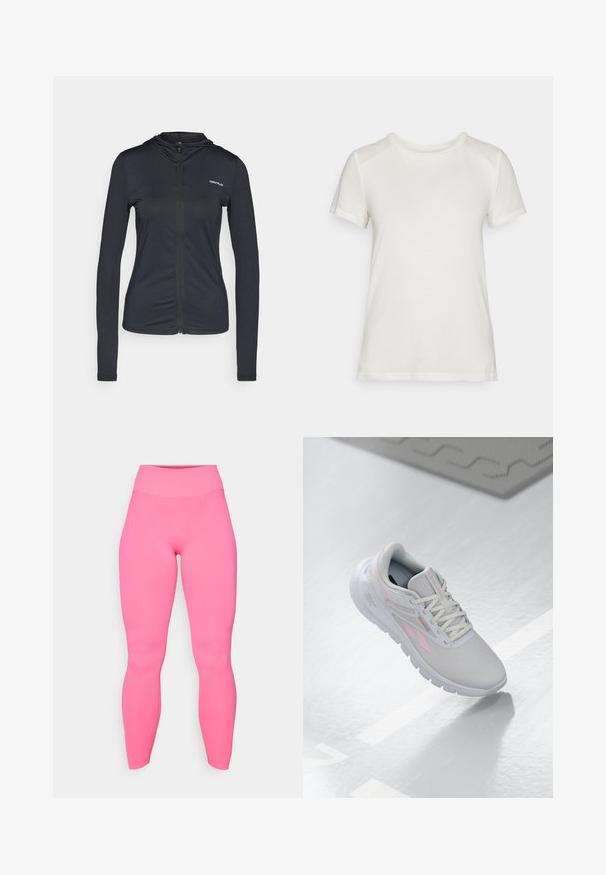 Must mustaga, millel on pikkade varrukatega kerge materjalist kapuutsiga jope, millel on vormitud disain ja väike logo vasakul rinnal.; Valge lühikeste varrukatega t-särk, mis on valmistatud pehmest kangast, ringkaelusega ja mugava lõikega, sujuvate ja õmblusteta õlavarre kaunistustega.; Roosa kõrge vöökohaga legginsid, mis on valmistatud venivast kangast. Sile tekstuur, keha lähedane lõige, pahkluu pikkus ning nähtavate mustrite või lisanditeta.; Kerge hall sportking, millel on roosa aktsent, võrkpinnaga pealisosa, ümar varvas, pehmendusega tallad ja nööbid. Pind on sile ja peegeldav.