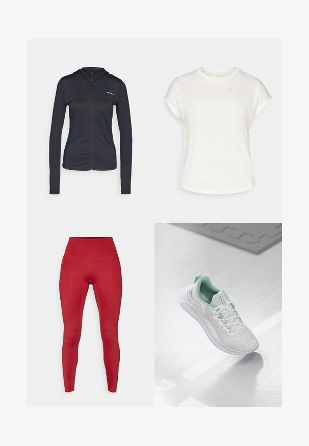 Fekete, cipzáros kapucnis pulóver könnyű anyagból, hosszú ujjakkal, testhezálló fazonban, bal mellen kis logóval.; Fehér, rövid ujjú póló, texturált virágmintával, kerek nyakkivágással és laza szabású dizájnnal. Puha, könnyű anyagból készült.; Piros sport leggings magas derékkal, sima textúrával és testhezálló kialakítással. Laposszegélyezett varrások jellemzik, amelyek kényelmesek és áramvonalas megjelenést biztosítanak.; Világosszürke sportcipő, texturált kötött felső réteggel, menta zöld kiegészítőkkel, fehér fűzőkkel, gumitalppal és húzófüllel a saroknál.