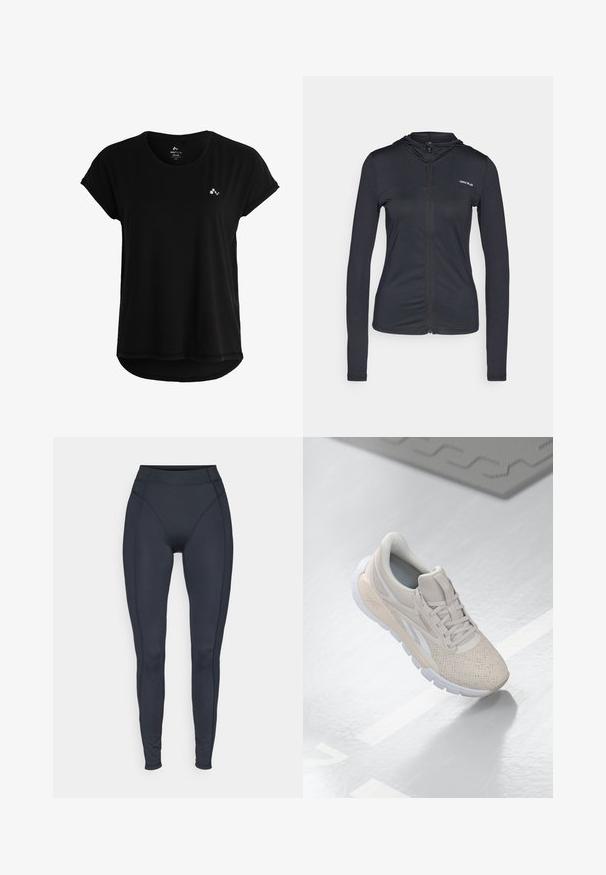 Schwarze Zip-Hoodie aus leichtem Material mit langen Ärmeln, ausgestattet mit einer figurschmeichelnden Passform und einem kleinen Logo auf der linken Brust.; Schwarzes kurzärmliges T-Shirt aus weichem Stoff mit abgerundetem Saum und kleinem Logo auf der Brust. Einfaches und minimalistisches Design.; Schwarz hoch geschnittene Leggings aus dehnbarem Material, mit nahtlosen Seiten und körpernahem Schnitt für Komfort und Beweglichkeit.; Hellbeige Sportschuh mit einem perforierten Obermaterial, strukturierten Akzenten, gepolstertem Schaftrand und weißer Gummisohle, entworfen für Komfort und Atmungsaktivität.