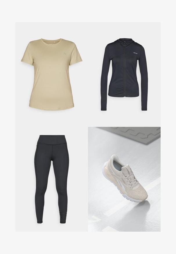 Schwarze Zip-Hoodie aus leichtem Material mit langen Ärmeln, ausgestattet mit einer figurschmeichelnden Passform und einem kleinen Logo auf der linken Brust.; Beige T-Shirt mit kurzen Ärmeln aus einem glatten, dehnbaren Stoff. Verfügt über einen runden Ausschnitt und ein dezentes Logo im oberen linken Brustbereich.; Schwarze Leggings aus dehnbarem Material, mit einem hohen Bund, elegantem Design und gestreiften Akzenten in der Nähe des Knöchels.; Hellbeige Sportschuh mit einem perforierten Obermaterial, strukturierten Akzenten, gepolstertem Schaftrand und weißer Gummisohle, entworfen für Komfort und Atmungsaktivität.