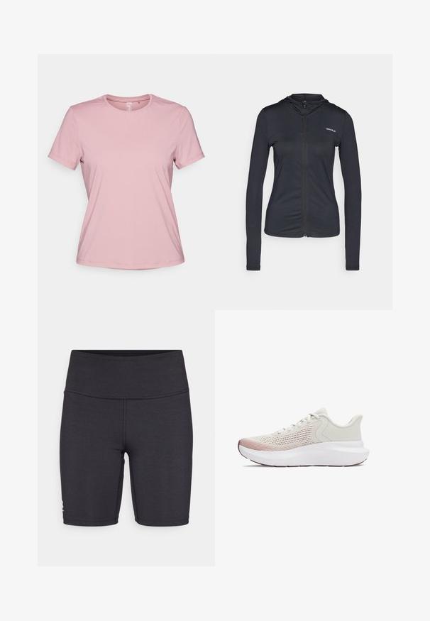 Must mustaga, millel on pikkade varrukatega kerge materjalist kapuutsiga jope, millel on vormitud disain ja väike logo vasakul rinnal.; Roosa lühikeste varrukatega T-särk sujuvast kangast, ümmarguse dekoltee ja vabalt istuva lõikega, ilma nähtavate mustrite ja detailideta.; Mustad must edasi sportlikud lühikesed püksid venivast kangast, millel on kõrge vöökoht ja lameõmblusega detailid. Kavandatud mugavuseks ja liikumisvabaduseks.; Kerged sportlikud jalanõud hingava valge sissetöödeldud võrgu pealmise osaga, gradient roosa aktsendiga ja paksu valge tallaga, millel on tekstuuriga detailid.