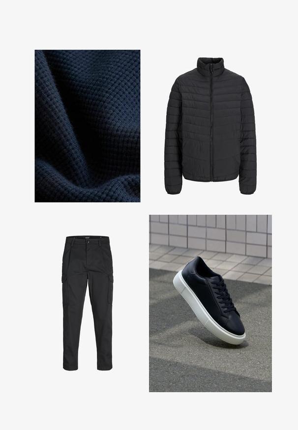 Schwarze gepolsterte Jacke mit hohem Kragen, vertikaler Steppung, durchgehendem Reißverschluss und elastischen Bündchen. Glatte Textur, leichtes Material.; Dunkelblaues, strukturiertes Gewebe mit einem gitterartigen Muster, das ein weiches, gestricktes Aussehen und einen leichten Glanz zeigt.; Schwarze Cargo-Hose aus robustem Material, mit mehreren Taschen, einem Knopfverschluss und einem Slim-Fit-Design mit schmal zulaufenden Beinen.; Schwarze Leder-Sneaker mit runder Zehenpartie und weißer Gummisohle. Verfügt über flache Schnürsenkel und minimale Nähte im Obermaterial. Strukturiertes Sohlenprofil für besseren Halt.