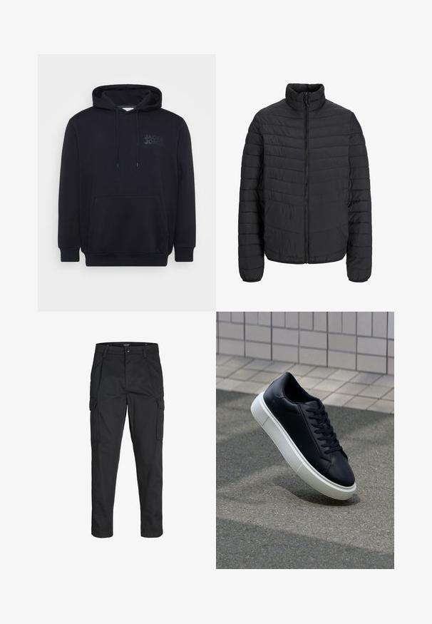 Black padded jacket with a high collar, vertical quilted pattern, full front zipper, and elastic cuffs. Smooth texture, lightweight material.; Black hoodie made of cotton blend, featuring a front kangaroo pocket, drawstring hood, and subtle logo design on the chest.; Black cargo pants made of sturdy fabric, featuring multiple pockets, a button closure, and a slim fit design with tapered legs.; Black leather sneaker with rounded toe and white rubber sole. Features flat laces and minimal stitching on the upper. Textured sole for grip.