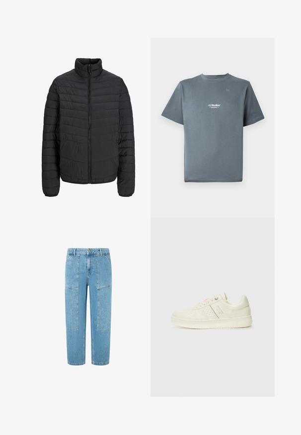 Zwarte gewatteerde jas met een hoge kraag, verticale gestikte patroon, volledige rits aan de voorkant en elastische manchetten. Glad aanvoelende stof, lichtgewicht materiaal.; Grijze katoenen t-shirt met ronde hals, korte mouwen en een klein wit "JJ Studios" logo op de borst. Soepele textuur en een relaxte pasvorm.; Lichtblauwe denim jeans met een rechte snit, voorzien van twee grote opgestikte zakken en subtiele distressed details op de stof.; Crème-kleurige sneaker met geperforeerde details, veters en een logo aan de zijkant, weergegeven tegen een eenvoudige witte achtergrond.