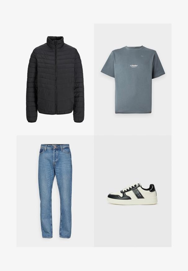 Casaco acolchoado preto com colarinho alto, padrão de quilt vertical, fecho frontal completo com zíper e punhos elásticos. Textura suave, material leve.; T-shirt cinza de algodão com decote redondo, mangas curtas e um pequeno logótipo branco "JJ Studios" no peito. Textura suave e corte descontraído.; Jeans de denim azul claro com um design de perna reta, apresentando um fecho de botão, cinco bolsos e detalhes de desbotamento subtil.; Ténis de couro com um esquema de cores em preto e creme, apresentando detalhes perfurados, um colarinho acolchoado e uma sola texturizada.