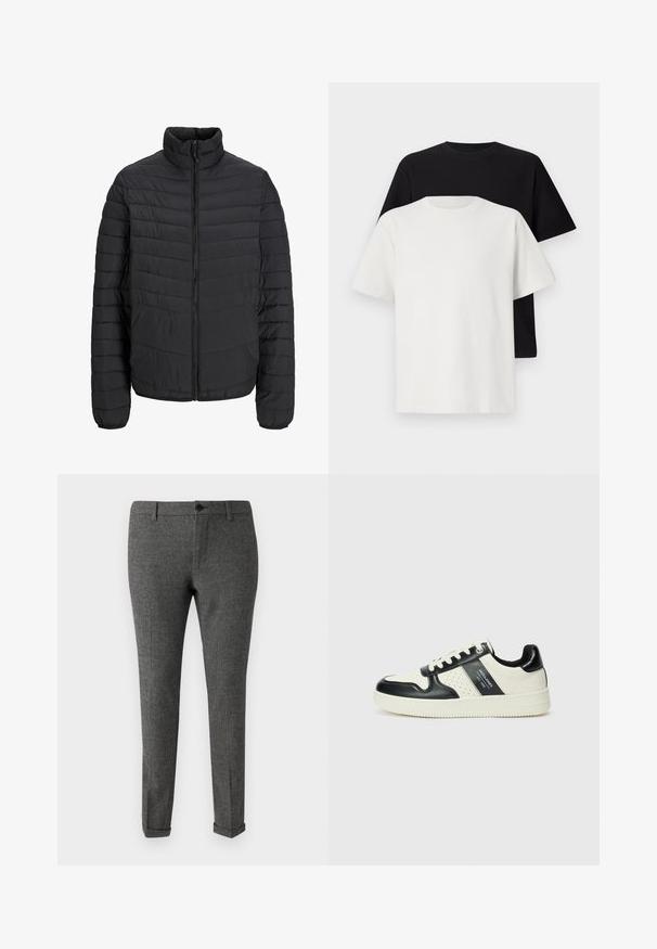 Mustmust suletav jope kõrge kraega, vertikaalsete tikanditega, täispikk ette tõmmatav lukuga ja elastsete mansettidega. Sile tekstuur, kerge materjal.; Puuvillane t-särkide komplekt, mis sisaldab musta ja valget särk, mõlemad lühikeste varrukatega, ümmarguse kaelusega ja standardse lõikega. Tekstuuriga kangas.; Hallidega hallid ruudulised püksid, mis on valmistatud kangast, varustatud nupplukuga, vöölukkudega ja kätistega, mis annavad neile viimistletud ilme.; Nahatud nahkkingad musta ja kreemi värviskeemiga, millel on perforeeritud aktsendid, pehme krae ja tekstureeritud tallad.