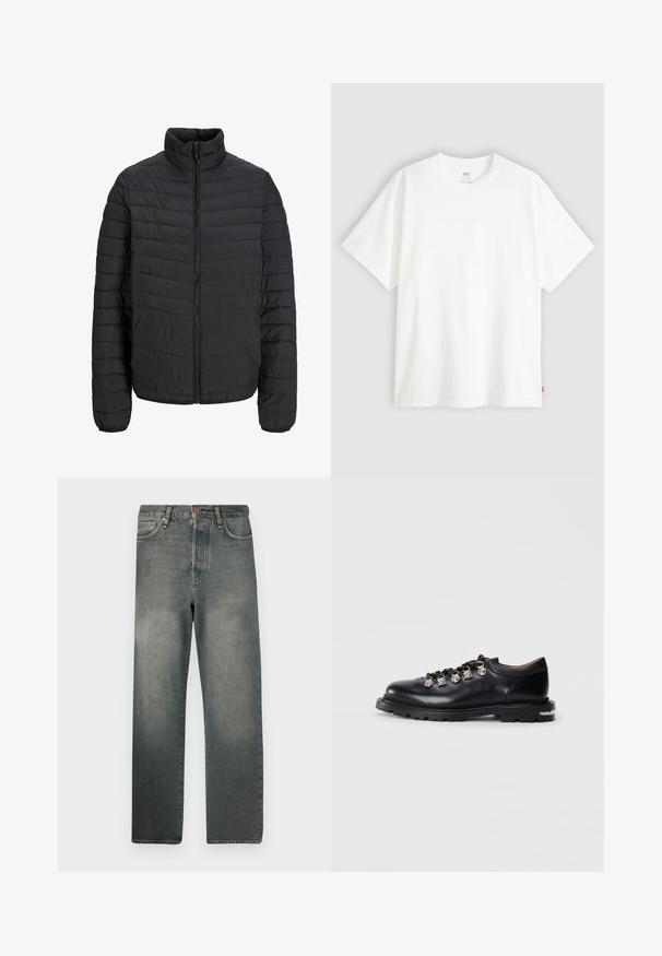 Schwarze gepolsterte Jacke mit hohem Kragen, vertikaler Steppung, durchgehendem Reißverschluss und elastischen Bündchen. Glatte Textur, leichtes Material.; Weißes T-Shirt mit kurzen Ärmeln aus Baumwolle und rundem Halsausschnitt. Besitzt ein dezentes, geprägtes Logo-Detail auf der Vorderseite und ein rotes Etikett am Saum.; Jack & Jones JJIALEX JJCOOPER - Baggy Jeans - black denim; Schwarzer Leder-Schnürschuh mit niedrigem Schnitt, dicker Sohle, Metallösen, dekorativen silbernen Charms an den Schnürsenkeln und strukturiertem Profil auf der Sohle.