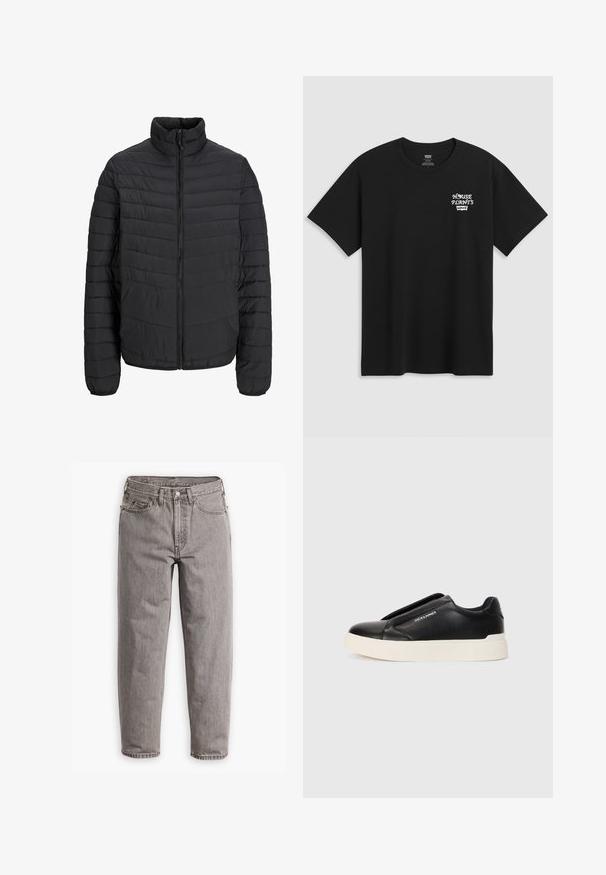 Black padded jacket with a high collar, vertical quilted pattern, full front zipper, and elastic cuffs. Smooth texture, lightweight material.; Black cotton t-shirt featuring a chest print that reads "HOUSE PLANTS" in white stylized font with "Levi's" below. Classic crew neckline.; Gray denim jeans with a high waist, straight leg design, subtle fading, five pockets, and metal button closure.; Black slip-on sneaker with textured leather upper, white rubber sole, and no visible laces. Features brand logo on the side.