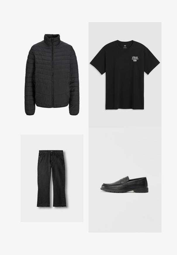 Svart polstret jakke med høy krage, vertikalt quiltemønster, full frontglidelås og elastiske ermer. Glatt tekstur, lett materiale.; Svart bomull t-skjorte med brysttrykk som leser "HUSPLANTER" i hvit stilisert skrift med "Levi's" under. Klassisk crew-hals.; Svarte denimjeans med rett benkutt, med en frynset kant, fem lommer og detaljer med metallisk hardware. Klassisk design og solid tekstur.; Svart skinnloafers med glatt finish, mokkasin-stil overdel, broderte detaljer og gummisåle. Klassisk design med lav hæl.