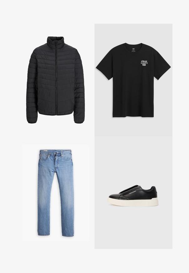 Mustmust suletav jope kõrge kraega, vertikaalsete tikanditega, täispikk ette tõmmatav lukuga ja elastsete mansettidega. Sile tekstuur, kerge materjal.; Must musta t-särk, millel on rinnakrüpt, mis ütleb "KESKKOND" valgel stiliseeritud fontidega ja "Levi's" all. Klassikaline ümar kaelus.; Levi's® 501® LEVI'S® ORIGINAL - Sirgete säärtega teksad - smooth cruise cool; Must musta kingad tekstureeritud nahast pealmise osaga, valge kummist tallaga ja nähtamatute paeltega. Küljel on brändi logo.