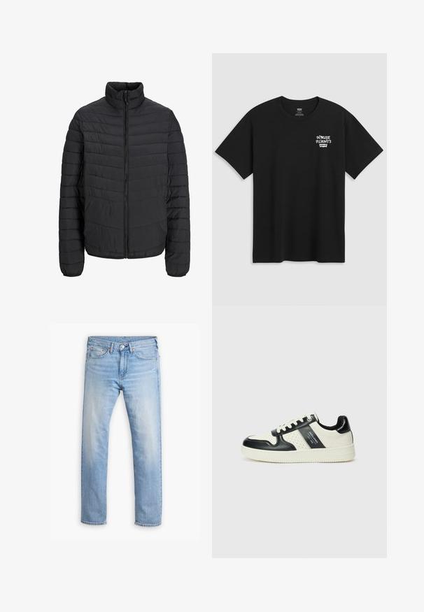 Czarna kurtka pikowana z wysokim kołnierzem, pionowym wzorem pikowania, pełnym zamkiem błyskawicznym z przodu oraz elastycznymi mankietami. Gładka tekstura, lekki materiał.; Czarna bawełniana koszulka z nadrukiem na klatce piersiowej, na którym widnieje napis "ROŚLINY DOMOWE" w białej stylizowanej czcionce z "Levi's" poniżej. Klasyczny okrągły dekolt.; Jasnoniebieskie dżinsy z prostym krojem, pięcioma kieszeniami i zapięciem na guziki. Charakteryzują się delikatnym wyblaknięciem i pomarańczowymi przeszyciami.; Skórzane sneakersy w czarno-kremowym schemacie kolorystycznym, z perforowanymi akcentami, wyściełanym kołnierzem i teksturowaną podeszwą.