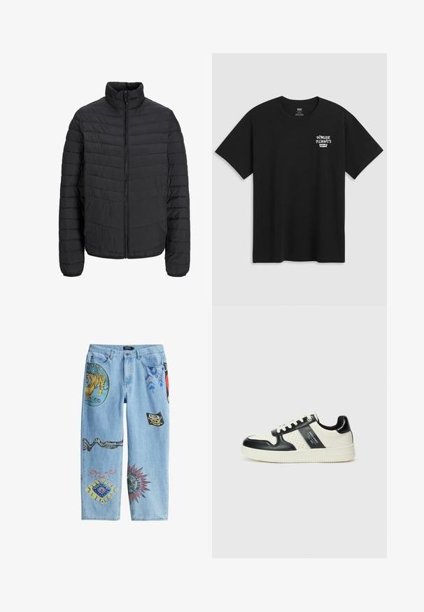 Čierna prešívaná bunda s vysokým golierom, vertikálnym prešívaním, plným predným zipsom a elastickými manžetami. Hladká textúra, ľahký materiál.; Čierne bavlnené tričko s potlačou na hrudi, ktorá znie "DOMÁCE RASTLINY" v bielej štýlovej typografii s "Levi's" nižšie. Klasický strih s okrúhlym výstrihom.; Modré džínsy s rovnými nohavicami, ozdobené rôznymi farebnými vyšívanými nášivkami, vrátane tigra, hada a geometrických vzorov.; Kožené tenisky v čierno-krémovej farbe, s perforovanými akcentmi, polstrovaným golierom a štruktúrovanou podrážkou.