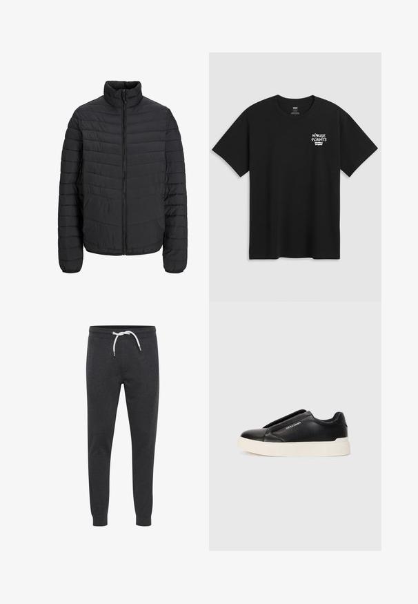 Black padded jacket with a high collar, vertical quilted pattern, full front zipper, and elastic cuffs. Smooth texture, lightweight material.; Black cotton t-shirt featuring a chest print that reads "HOUSE PLANTS" in white stylized font with "Levi's" below. Classic crew neckline.; Dark gray sweatpants made of soft fabric, featuring a white drawstring, tapered ankles, and a simple design without pockets.; Black slip-on sneaker with textured leather upper, white rubber sole, and no visible laces. Features brand logo on the side.