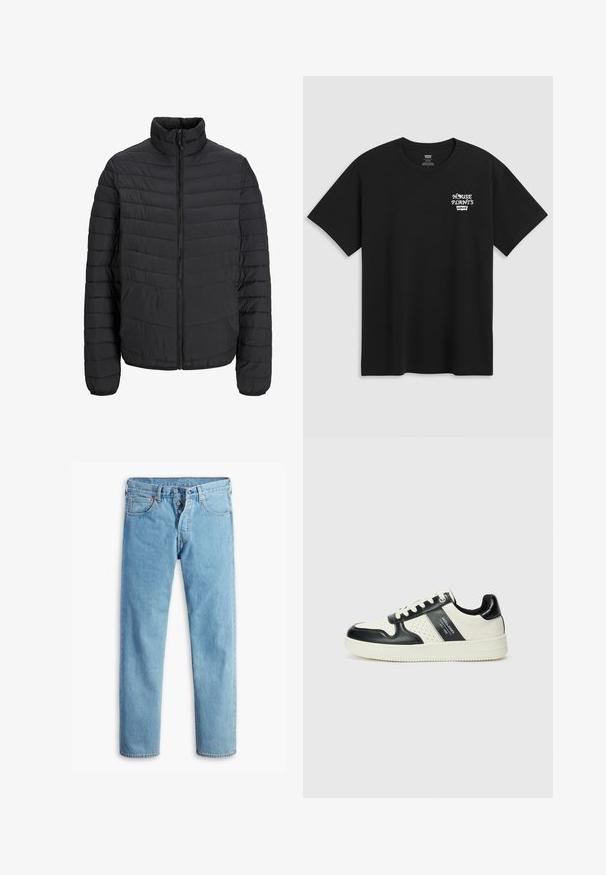 Fekete párnázott dzseki magas gallérral, függőleges steppelt mintával, teljes elülső zipzárral és rugalmas mandzsettákkal. Simább textúra, könnyű anyag.; Fekete pamut póló, melynek mellkasi nyomata "HOUSE PLANTS" felirattal fehér stilizált betűkkel, alatta a "Levi's" felirattal. Klasszikus kerek nyakú.; Világoskék farmernadrág egyenes szabással, öt zsebes kialakítással és gombos cipzárral. Jellemzője a díszvarrás és a kontrasztos varrás a zsebek körül.; Fekete és krém színű bőrsneaker, perforált díszítésekkel, párnázott bokapánttal és texturált talppal.