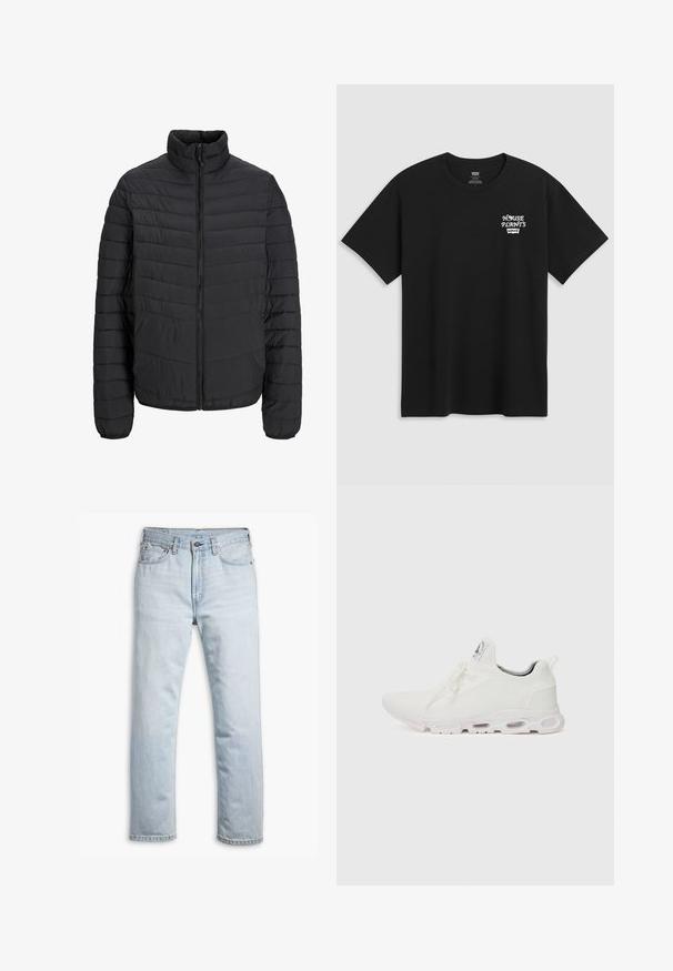 Casaco acolchoado preto com colarinho alto, padrão de quilt vertical, fecho frontal completo com zíper e punhos elásticos. Textura suave, material leve.; T-shirt preta de algodão com uma impressão no peito que diz "PLANTAS DE CASA" em letras brancas estilizadas com "Levi's" abaixo. Gola clássica em crew.; Jeans de denim azul claro com corte reto, possuem cinco bolsos, ferragens de latão e um fecho clássico com botão e zip.; Ténis atléticos brancos com um superior em malha texturizada, atacadores planos e uma sola acolchoada com câmaras de ar visíveis para maior suporte.