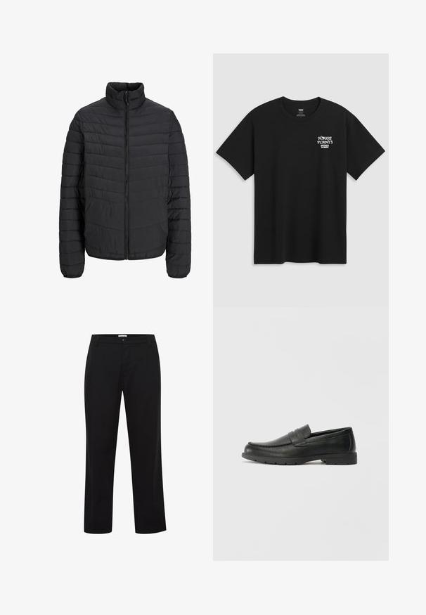 Melna polsterēta jaka ar augstu apkakli, vertikālu kviltēšanas rakstu, pilnu priekšējo rāvējslēdzēju un elastīgām aprocēm. Gluda tekstūra, viegla materiāla.; Melna kokvilnas T-kreklu ar krūtīm drukātu uzrakstu "HOUSE PLANTS" baltā stilizētā fontā ar "Levi's" zemāk. Klasisks apaļais kakls.; Melnas bikses ar taisnām kājām, izgatavotas no gludas auduma, ar pogas aizdari un jostas cilpām. Nav redzamu rakstu vai akcentu.; Melnas ādas loafers ar gludu apdari, mokasīnu stila augšdaļu, šūtu detalizāciju un gumijas zoli. Klasisks dizains ar zemu papēdi.