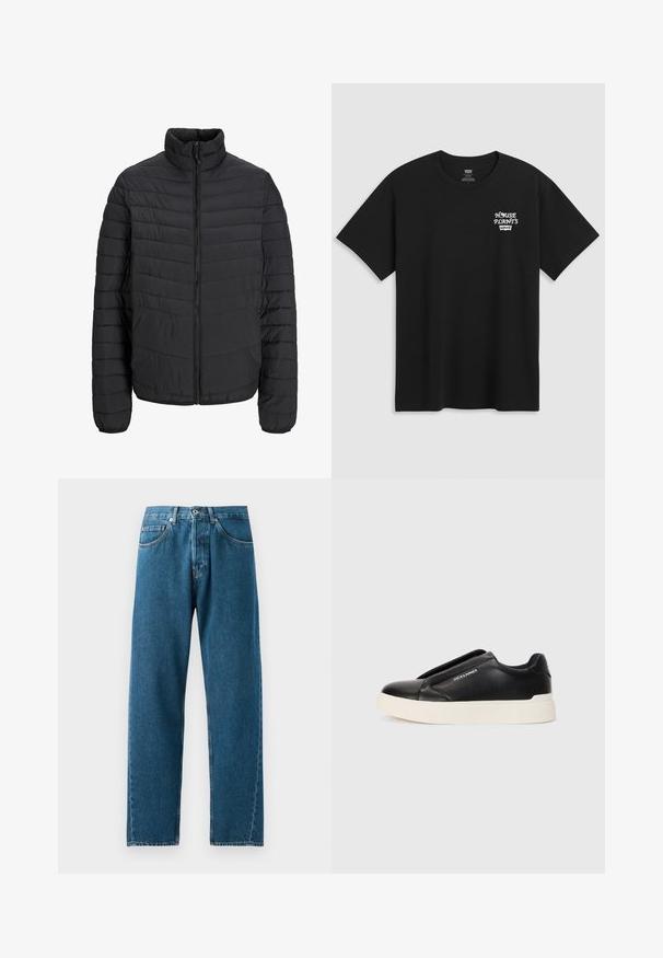 Fekete párnázott dzseki magas gallérral, függőleges steppelt mintával, teljes elülső zipzárral és rugalmas mandzsettákkal. Simább textúra, könnyű anyag.; Fekete pamut póló, melynek mellkasi nyomata "HOUSE PLANTS" felirattal fehér stilizált betűkkel, alatta a "Levi's" felirattal. Klasszikus kerek nyakú.; Kék farmernadrág, egyenes szárú dizájnnal, öt zsebbel és övbújtatókkal. A szövetnek finom textúrája van, és a zsebeknél kopott területekkel rendelkezik.; Fekete slip-on sneaker, textúrált bőrfelsővel, fehér gumitalppal és láthatatlan fűzőkkel. Az oldalon a márka logója található.