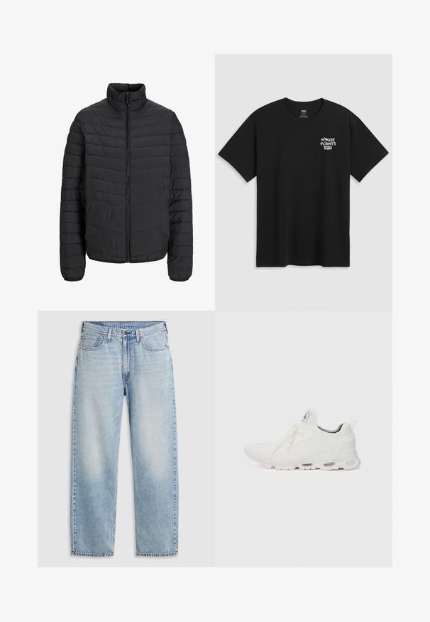 Fekete párnázott dzseki magas gallérral, függőleges steppelt mintával, teljes elülső zipzárral és rugalmas mandzsettákkal. Simább textúra, könnyű anyag.; Fekete pamut póló, melynek mellkasi nyomata "HOUSE PLANTS" felirattal fehér stilizált betűkkel, alatta a "Levi's" felirattal. Klasszikus kerek nyakú.; Világoskék, egyenes szárú farmernadrág öt zsebbel, fémből készült gombzárral és elhalványult részletekkel a combon és a térdnél, fehér háttérre fektetve.; Fehér sportcipők, texturált kötött felsőrésszel, lapos fűzőkkel és párnázott talppal, amely látható légkamrákkal rendelkezik a megerősített kényelem érdekében.