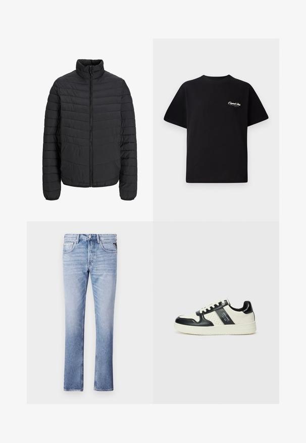 Chaqueta acolchada negra con cuello alto, patrón de acolchado vertical, cremallera completa en la parte delantera y puños elásticos. Textura suave, material ligero.; Camiseta de algodón negra con cuello redondo, mangas cortas y pequeño texto en blanco del logo en el lado izquierdo del pecho. Diseño simple, corte clásico.; Jeans de mezclilla azul claro con un diseño de pierna recta, cinco bolsillos y detalles de costura visibles. Textura suave y ajuste clásico.; Zapatillas de cuero con un esquema de colores negro y crema, que cuentan con acentos perforados, un collar acolchado y una suela texturizada.