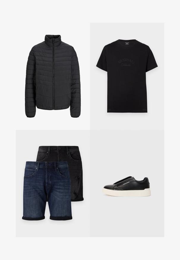 Jachetă neagră căptușită cu guler înalt, model matlasat vertical, fermoar pe întreaga lungime și manșete elastice. Textură netedă, material ușor.; Tricou din bumbac negru, cu mâneci scurte și guler rotund. Prezintă inscripția "ORIGINALS Studio" debossată în tonuri pe partea din față.; Set de şorturi din denim care include o pereche întunecată albastră cu tiv rulat şi o pereche neagră distresată. Ambele au un stil clasic cu cinci buzunare.; Tenis negri slip-on cu upper din piele texturată, talpă din cauciuc alb și fără șireturi vizibile. Prezintă logo-ul mărcii pe lateral.