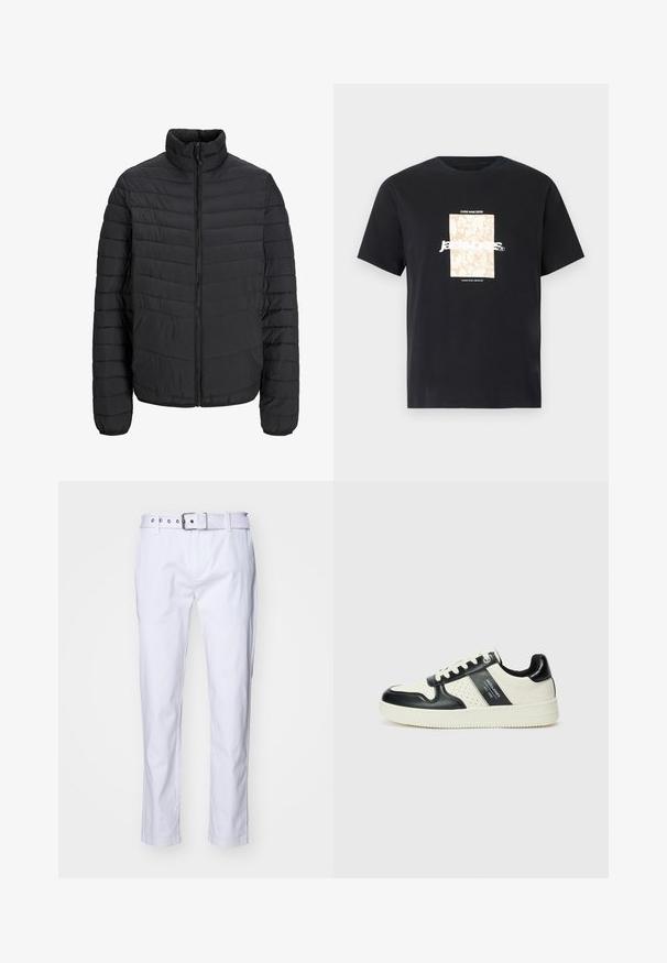 Czarna kurtka pikowana z wysokim kołnierzem, pionowym wzorem pikowania, pełnym zamkiem błyskawicznym z przodu oraz elastycznymi mankietami. Gładka tekstura, lekki materiał.; Czarny bawełniany t-shirt z okrągłym dekoltem. Posiada beżowy prostokątny grafik oraz biały tekst "JAWO," umieszczony na środku z przodu. Krótkie rękawy.; Białe bawełniane spodnie o prostym kroju, z teksturowanej tkaniny, z szlufkami na pasek i pasującym paskiem z srebrnymi detalami.; Skórzane sneakersy w czarno-kremowym schemacie kolorystycznym, z perforowanymi akcentami, wyściełanym kołnierzem i teksturowaną podeszwą.