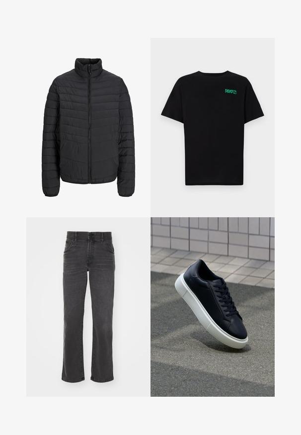 Crna puf jakna s visokim ovratnikom, vertikalnim šavovima, punim prednjim patentnim zatvaračem i elastičnim manžetama. Glatka tekstura, lagani materijal.; Crna majica kratkih rukava od pamuka. Na prednjem dijelu se nalazi zeleni "ROOTS" logo, okrugli izrez i standardni kroj.; Crne traperice s ravnim krojem. Imaju pet džepova, zatvaranje na gumb i zatvarač, te blago izblijedjeli izgled.; Crne kožne tenisice s zaobljenim vrhom i bijelim gumiranim potplatom. Imaju ravne vezice i minimalno šivanje na gornjem dijelu. Teksturirani potplat za bolje prianjanje.