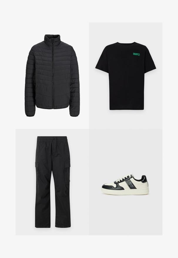 Zwarte gewatteerde jas met een hoge kraag, verticale gestikte patroon, volledige rits aan de voorkant en elastische manchetten. Glad aanvoelende stof, lichtgewicht materiaal.; Zwarte T-shirt van katoen met korte mouwen. Heeft een groen "ROOTS" logo op de voorkant, een ronde halslijn en een standaard pasvorm.; Zwarte cargobroek van lichtgewicht stof, met een elastische tailleband, trekkoord en twee zij cargo zakken.; Leren sneakers met een zwart en crèmekleurig kleurenschema, voorzien van geperforeerde accenten, een gevoerde kraag en een gestructureerde buitenzool.