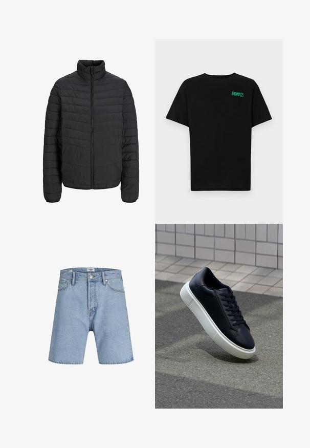 Schwarze gepolsterte Jacke mit hohem Kragen, vertikaler Steppung, durchgehendem Reißverschluss und elastischen Bündchen. Glatte Textur, leichtes Material.; Schwarzes T-Shirt aus Baumwolle mit kurzen Ärmeln. Auf der Vorderseite befindet sich ein grünes "ROOTS"-Logo, es hat einen runden Halsauschnitt und eine normale Passform.; Jack & Jones ITONY ORIGINAL - Jeans Shorts - blue denim; Schwarze Leder-Sneaker mit runder Zehenpartie und weißer Gummisohle. Verfügt über flache Schnürsenkel und minimale Nähte im Obermaterial. Strukturiertes Sohlenprofil für besseren Halt.