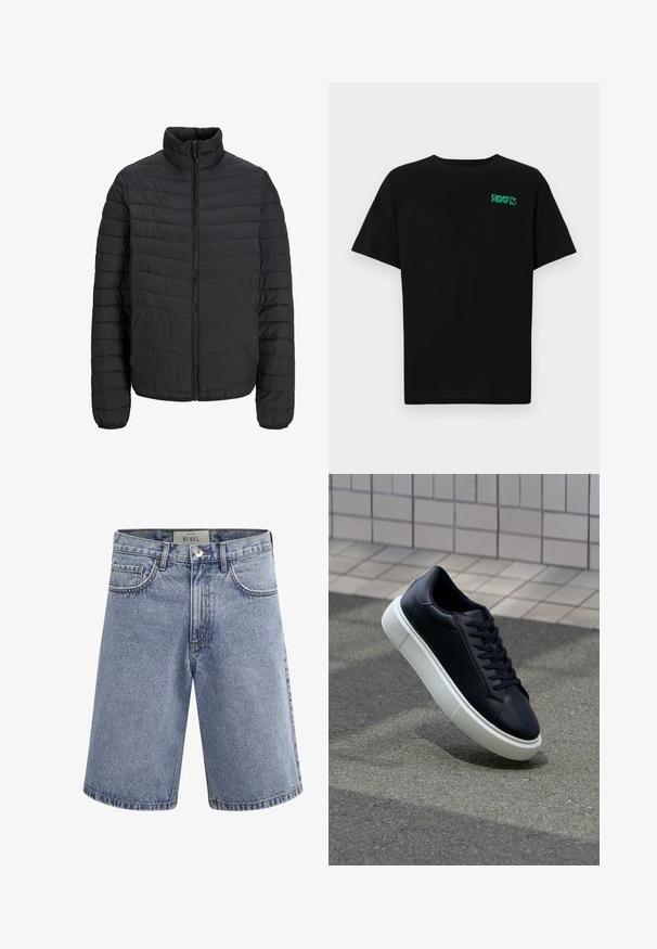 Casaco acolchoado preto com colarinho alto, padrão de quilt vertical, fecho frontal completo com zíper e punhos elásticos. Textura suave, material leve.; T-shirt preta feita de algodão com mangas curtas. Apresenta um logótipo verde "ROOTS" na frente, gola redonda e corte standard.; Bermudas de ganga em azul claro com um acabamento desbotado. Apresenta cinco bolsos, fecho de zipper e uma cintura de altura média. Bainhas de costura dupla.; Sapatilha de couro preto com bico arredondado e sola de borracha branca. Apresenta atacadores planos e costuras mínimas na parte superior. Sola texturizada para melhor aderência.