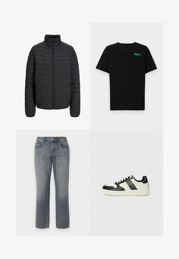 Μαύρο επενδυμένο μπουφάν με ψηλό γιακά, κάθετη ραφή, πλήρες φερμουάρ μπροστά και ελαστικές μανσέτες. Λείο υλικό, ελαφρύ.; Μαύρη μπλούζα φτιαγμένη από βαμβάκι με κοντά μανίκια. Διαθέτει το πράσινο λογότυπο "ROOTS" μπροστά, στρογγυλή λαιμόκοψη και κανονική εφαρμογή.; Γκρίζα τζιν παντελόνια με ίσια γραμμή, πέντε τσέπες και φερμουάρ με κουμπί. Ελαφρώς ξεθωριασμένο φινίρισμα με ορατές ραφές.; Δερμάτινα sneakers με μαύρο και κρεμ χρωματικό σχέδιο, με διάτρητες λεπτομέρειες, επενδεδυμένο κολάρο και υφή στη σόλα.