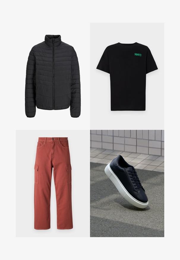 Melna polsterēta jaka ar augstu apkakli, vertikālu kviltēšanas rakstu, pilnu priekšējo rāvējslēdzēju un elastīgām aprocēm. Gluda tekstūra, viegla materiāla.; Melna kokvilnas t-kreka ar īsām piedurknēm. Uz priekšu ir zaļa "ROOTS" logo, apaļa kakla izgriezums un standarta piegriezums.; Kravu bikses sarkanbrūnā krāsā, izgatavotas no izturīga auduma, ar sānu kabatām, taisnām kājām un redzamām šuvju detalizācijām.; Melnas ādas kedas ar noapaļotu pirkstu un baltu gumijas zoli. Iespējas - plakanas šņorītes un minimāla apdare augšdaļā. Struktūrēta zole, lai nodrošinātu saķeri.