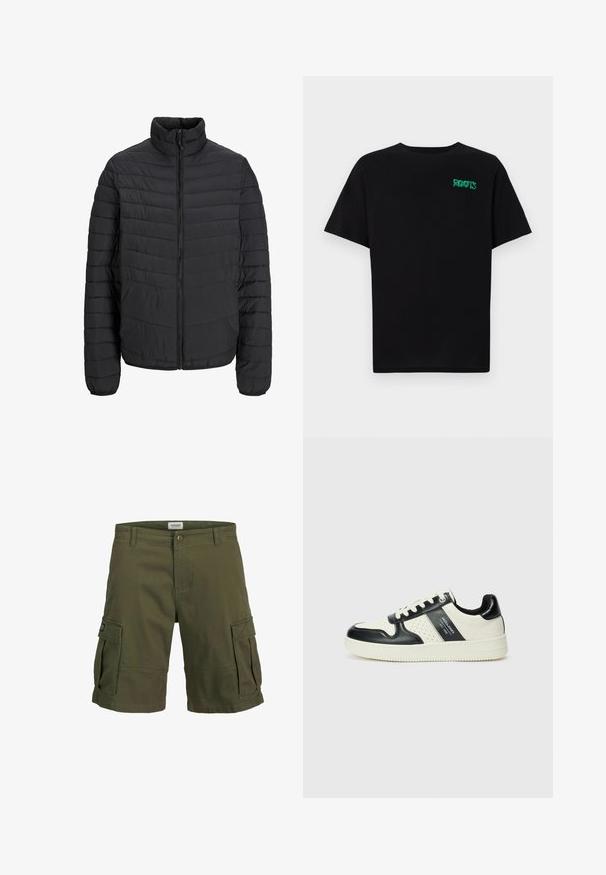 Črna podložena jakna z visokim ovratnikom, vertikalnim kvadratnim vzorcem, celotnim sprednjim zadrgo in elastičnimi manšetami. Gladka tekstura, lahkoten material.; Črna majica iz bombaža z kratkimi rokavi. Na sprednji strani ima zeleno logotip "ROOTS", okroglo ovratnico in standardno prileganje.; Olivno zeleni cargo kratke hlače iz bombaža, s katerimi sta v kompletu dva velika stranska žepa, gumbasto zapiranje in prav tako oblikovan kroj.; Usnjeni športni čevlji z črno in krem barvno shemo, ki vključujejo perforirane dodatke, podložen ovratnik in strukturirano podplat.