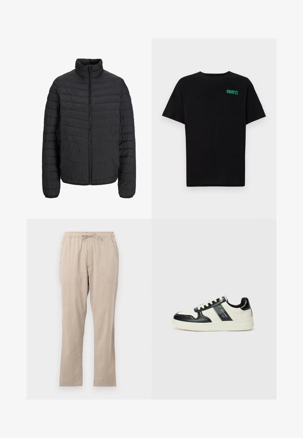 Svart polstret jakke med høy krage, vertikalt quiltemønster, full frontglidelås og elastiske ermer. Glatt tekstur, lett materiale.; svart t-skjorte laget av bomull med korte ermer. Har et grønt "ROOTS"-logo på forsiden, rund halsutringning og standard passform.; Beige, lette bukser med elastisk livlinje, frontlommer og snøring. Glatt tekstur og rett ben-design.; Lædersneakers med sort og creme farveskema, der har perforerede detaljer, en polstret krave og en struktureret ydersål.