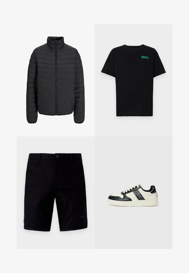 Schwarze gepolsterte Jacke mit hohem Kragen, vertikaler Steppung, durchgehendem Reißverschluss und elastischen Bündchen. Glatte Textur, leichtes Material.; Schwarzes T-Shirt aus Baumwolle mit kurzen Ärmeln. Auf der Vorderseite befindet sich ein grünes "ROOTS"-Logo, es hat einen runden Halsauschnitt und eine normale Passform.; Schwarze Shorts mit einer glatten Textur, ausgestattet mit einem Knopfverschluss, traditionellen Taschen und umgeschlagenen Säumen. Hergestellt aus leichtem Stoff.; Leder-Sneaker in Schwarz- und Cremetönen, mit perforierten Akzenten, einem gepolsterten Kragen und einer strukturierten Laufsohle.