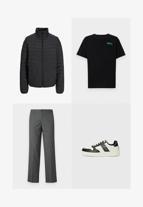 Fekete párnázott dzseki magas gallérral, függőleges steppelt mintával, teljes elülső zipzárral és rugalmas mandzsettákkal. Simább textúra, könnyű anyag.; Fekete, pamutból készült póló rövid ujjakkal. Elöl zöld "ROOTS" logóval, kerek nyakkivágással és normál szabással.; Szürke, testre szabott nadrág texturált anyagból, egyenes szárakkal, gombos záródással és övlyukakkal. Nincsenek látható minták vagy kiegészítők.; Fekete és krém színű bőrsneaker, perforált díszítésekkel, párnázott bokapánttal és texturált talppal.