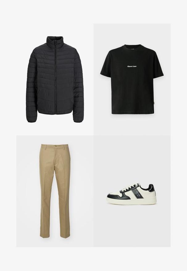 Svart vadderad jacka med hög krage, vertikalt quiltad mönster, fullständig dragkedja framtill och elastiska muddarn. Slät textur, lätt material.; Svart bomullströja med korta ärmar, som har en vit broderad text "Original Studio" tvärs över bröstet och en rundad halsringning.; Kakifärgade byxor i bomullsblandning, med rak passform, synliga framfickor, dragkedja i gylfen och en klassisk midja med en enkel knapp.; Läder sneakers med en svart och krämfärgad färgsättning, med perforerade detaljer, en vadderad krage och en strukturerad yttersula.