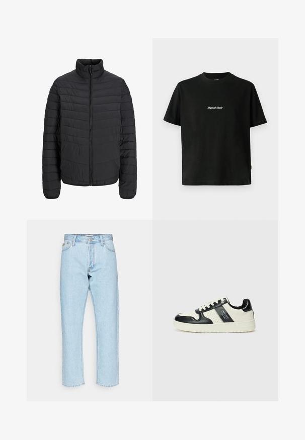 Zwarte gewatteerde jas met een hoge kraag, verticale gestikte patroon, volledige rits aan de voorkant en elastische manchetten. Glad aanvoelende stof, lichtgewicht materiaal.; Zwarte katoenen T-shirt met korte mouwen, met een witte geborduurde tekst "Original Studio" over de borst en een ronde hals.; Lichtblauwe denim jeans met een rechte pasvorm, voorzien van een klassieke vijf-pocket stijl en metalen hardware accenten.; Leren sneakers met een zwart en crèmekleurig kleurenschema, voorzien van geperforeerde accenten, een gevoerde kraag en een gestructureerde buitenzool.