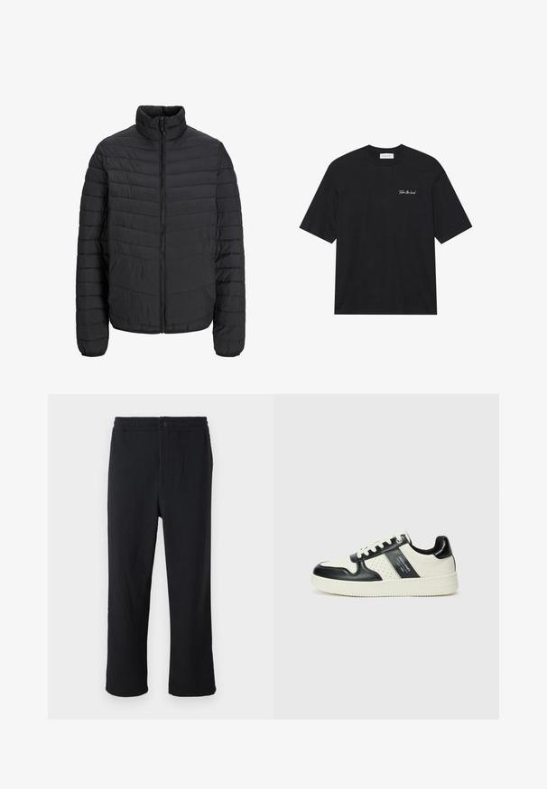 Mustmust suletav jope kõrge kraega, vertikaalsete tikanditega, täispikk ette tõmmatav lukuga ja elastsete mansettidega. Sile tekstuur, kerge materjal.; Must hõlmik must t-särk lühikeste varrukatega, millel on valge kiri "Võta juhtohjad" vasakpoolsel rinnapiiril. Lihtne ümar kaeluse disain.; Musträpid püksid sirge lõikega, millel on nööbiga sulgur ja elastne vöökoht mugavuse tagamiseks. Ühtlane tekstuuriga kangas.; Nahatud nahkkingad musta ja kreemi värviskeemiga, millel on perforeeritud aktsendid, pehme krae ja tekstureeritud tallad.