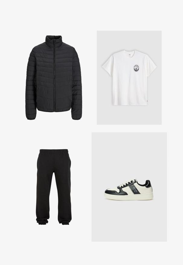 Svart polstret jakke med høy krage, vertikalt quiltemønster, full frontglidelås og elastiske ermer. Glatt tekstur, lett materiale.; Hvit bomull t-skjorte med korte ermer, rund hals og en svart sirkulær logo på venstre bryst med et stilisert design.; Svarte joggebukser laget av myk stoff, med elastisk midje og elastiske mansjetter ved ankelen, som gir en avslappet passform og komfort.; Lædersneakers med sort og creme farveskema, der har perforerede detaljer, en polstret krave og en struktureret ydersål.