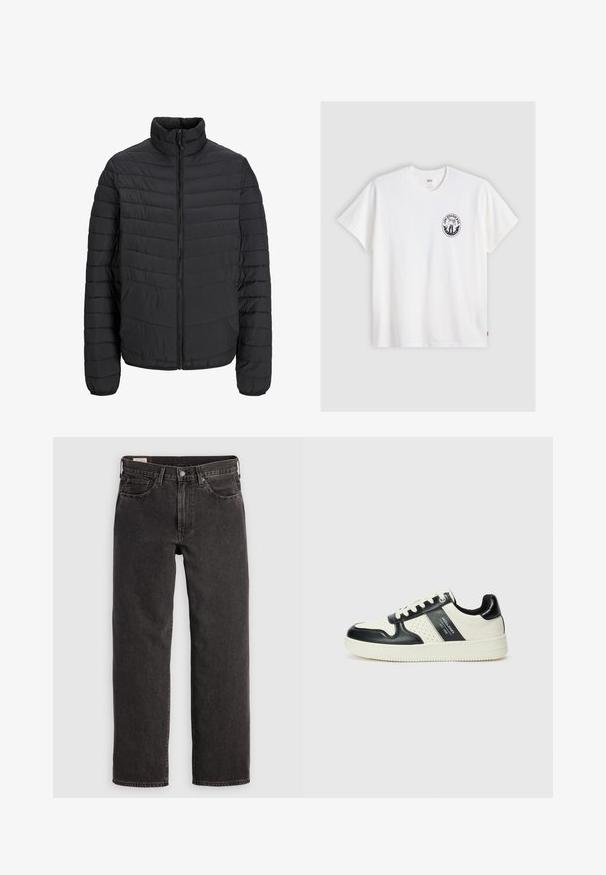 Svart vadderad jacka med hög krage, vertikalt quiltad mönster, fullständig dragkedja framtill och elastiska muddarn. Slät textur, lätt material.; Vit bomulls t-shirt med korta ärmar, rund hals och en svart cirkulär logotyp på vänster bröst som har en stiliserad design.; Svarta denimjeans med rak ben-design, fem fickor och metallbeslag. Tyget har en lätt textur och en enfärgad finish.; Läder sneakers med en svart och krämfärgad färgsättning, med perforerade detaljer, en vadderad krage och en strukturerad yttersula.