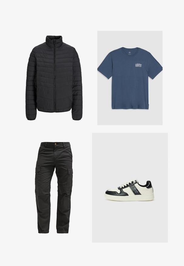 Juodas paminkštintas džemperis su aukštu apykakle, vertikaliu siuvinėjimo raštu, pilnu priekinio užtrauktuko uždarymu ir elastingomis rankogaliais. Lygus paviršius, lengvas medžiagos svoris.; Mėlyna medvilninė marškinėliai su apvalia iškirpte ir trumpomis rankovėmis. Kairėje krūtinės pusėje yra baltas "Levi's" logotipas. Paprastas dizainas.; Juodi cargo kelnės, pagamintos iš patvarios medžiagos, su keliais šoninėmis kišenėmis, mygtukų užsegimu ir tiesiomis kojomis. Yra tekstūruota medžiaga.; Odiniai sportbačiai juodos ir kreminės spalvų schemoje, su perforuotais akcentais, paminkštinta apykakle ir tekstūruotu padu.