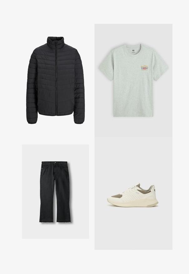 Černá prošívaná bunda s vysokým límcem, vertikálním prošíváním, zipem na plnou délku a elastickými manžetami. Hladký povrch, lehký materiál.; Šedé bavlněné tričko s krátkými rukávy a kulatým výstřihem, na levé horní straně s multicolor potiskem loga značky. Hladká textura.; Černé džíny s rovnými nohavicemi, se třepeným lemem, pěti kapsami a kovovými detaily. Klasický design a odolná textura.; Bílé a světle béžové atletické tenisky, které mají síťovaný svršek, perforované detaily a texturovanou mezipodešev s logem na patě.