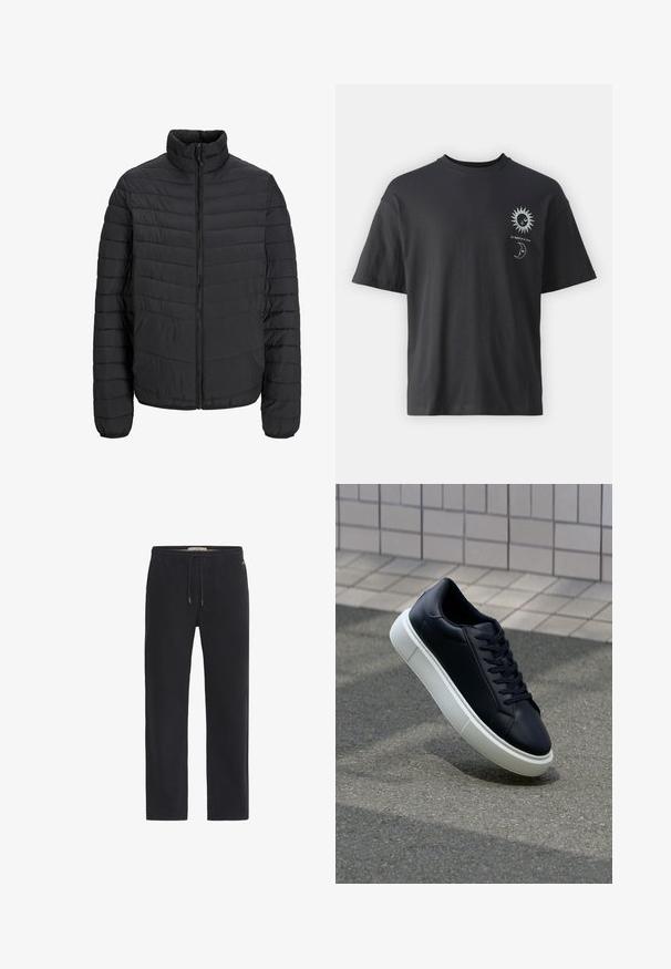 Svart polstret jakke med høy krage, vertikalt quiltemønster, full frontglidelås og elastiske ermer. Glatt tekstur, lett materiale.; Svart bomullst-skjorte med korte ermer, rund hals og frontgrafikk av en sol og måne, ledsaget av teksten "Le Soleil et La Lune."; Svarte bukser med rette ben, elastisk midjebånd og justerbar snor. Laget av mykt stoff med en jevn tekstur.; Sorte skinnsneakers med rund tå og hvit gummisåle. Har flate lisser og minimal søm på overdelen. Strukturert såle for grep.