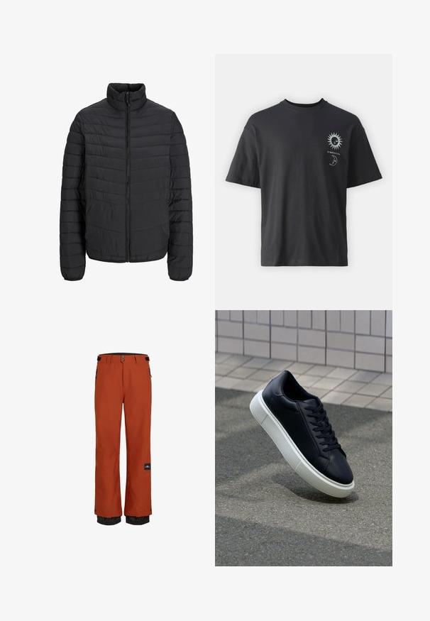 Veste noire rembourrée avec col haut, motif matelassé vertical, fermeture éclair sur toute la longueur à l'avant et poignets élastiques. Texture lisse, matériau léger.; T-shirt noir en coton avec des manches courtes, col rond et graphiques sur le devant d'un soleil et d'une lune, accompagné du texte "Le Soleil et La Lune."; Pantalons de ski imperméables orange avec une ceinture ajustable noire, des poches latérales et des poignets élastiques pour la régulation de la température.; Baskets noires en cuir avec bout arrondi et semelle en caoutchouc blanc. Elles présentent des lacets plats et une couture minimale sur la tige. Semelle texturée pour une bonne adhérence.
