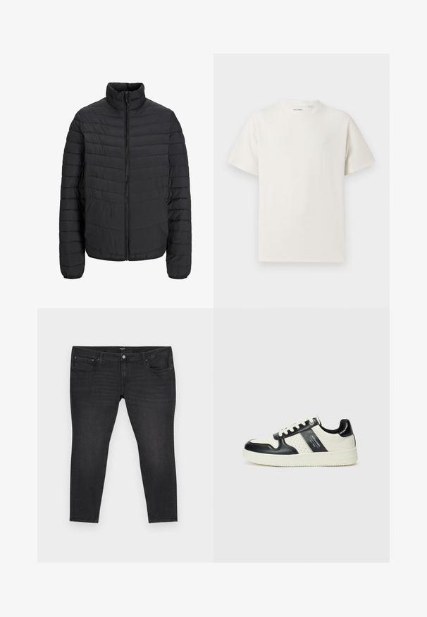Svart polstret jakke med høy krage, vertikalt quiltemønster, full frontglidelås og elastiske ermer. Glatt tekstur, lett materiale.; Hvit T-skjorte med kort erm i ribbestrikket tekstur. Rund hals, avslappet passform, ingen synlige mønstre eller detaljer. Enkelt og allsidig design.; Sorte denimjeans med en tettsittende fasong, fem lommer, glidelås og frontknapp, samt subtile slitemerker.; Lædersneakers med sort og creme farveskema, der har perforerede detaljer, en polstret krave og en struktureret ydersål.