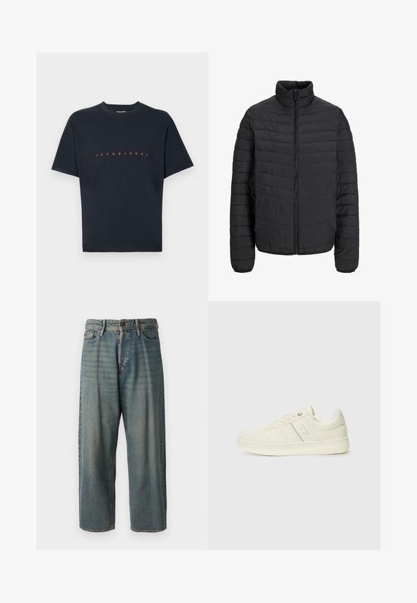 Casaco acolchoado preto com colarinho alto, padrão de quilt vertical, fecho frontal completo com zíper e punhos elásticos. Textura suave, material leve.; T-shirt de algodão preto com mangas curtas e decote redondo. A parte da frente exibe "JACK & JONES" em letras laranjas em negrito. Textura suave.; Jeans de ganga azul claro com um corte solto, cintura média e pernas retas. Apresenta cinco bolsos, passadores de cinto e fecho com botão.; Sapatilha de cor creme com detalhes perfurados, atacadores e logotipo na lateral, apresentada contra um fundo branco liso.