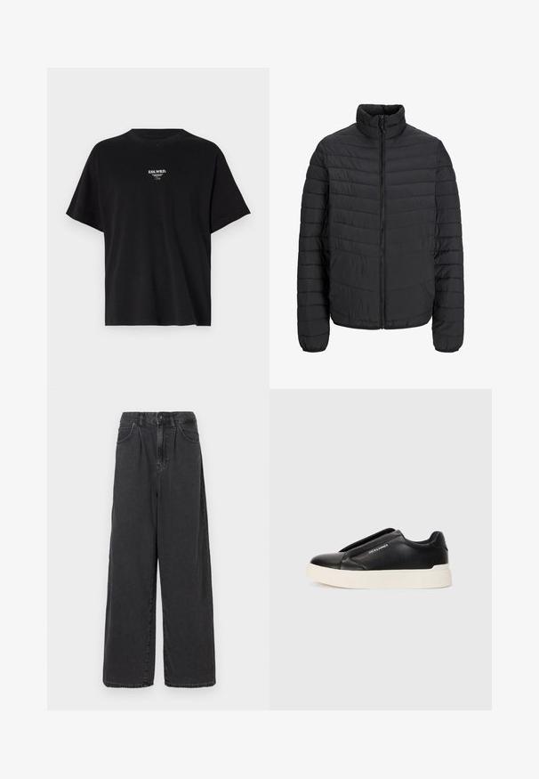 Svart vadderad jacka med hög krage, vertikalt quiltad mönster, fullständig dragkedja framtill och elastiska muddarn. Slät textur, lätt material.; Svart bomulls t-shirt med lös passform, korta ärmar och rund halsringning. Har vit texttryck på framsidan med orden "ESS.WRD." och en enkel design.; Breda byxor i hög midja av svart denim med knapp och dragkedja fram, utrustade med sidofickor och en slät yta.; Svart slip-on sneakers med texturerat läderöverkänsliga, vit gummisula och utan synliga snören. Har varumärkeslogotyp på sidan.