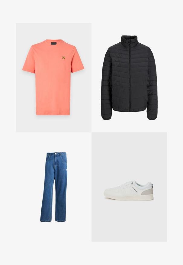 Melna polsterēta jaka ar augstu apkakli, vertikālu kviltēšanas rakstu, pilnu priekšējo rāvējslēdzēju un elastīgām aprocēm. Gluda tekstūra, viegla materiāla.; Koraļa īsām piedurknēm T-kreklis, izgatavots no mīkstas kokvilnas. Tam ir neliels dzeltens izšūts logo uz krūšu daļas. Klasiska apaļa kakla dizains.; Zilas augsta vidukļa platas kāju džinsu bikses ar priekšējiem kabatām, jostas cilpām, pogu aizdari un mazu Adidas logo labajā augšstilbā.; Baltas ikdienas apavi ar perforētu dizainu un gaiši pelēkiem akcentiem, ar šņorēm un zīmolu sānos, izstādīti uz viendabīgas fona.