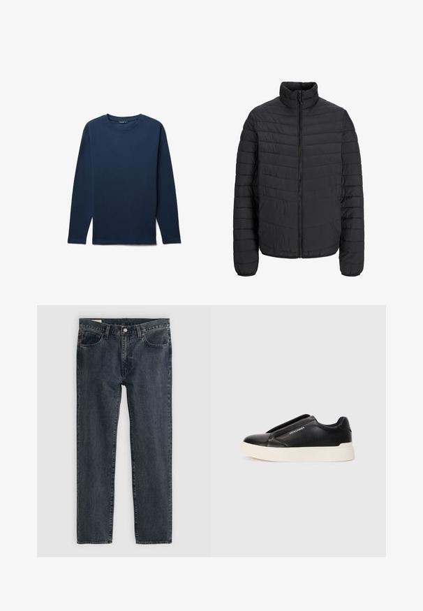 Schwarze gepolsterte Jacke mit hohem Kragen, vertikaler Steppung, durchgehendem Reißverschluss und elastischen Bündchen. Glatte Textur, leichtes Material.; Langarm-T-Shirt in Marineblau aus einem strukturierten Stoff mit Rundhalsausschnitt und geradem Saum, mit gerippten Details an den Schultern.; Dunkelblaue Jeans aus Denim mit geradem Bein, fünf Taschen und einem Knopfverschluss. Der Stoff weist eine subtile Ausbleichung und Textur auf.; Schwarzer Schlupfschuh aus strukturiertem Lederobermaterial, mit weißer Gummisohle und ohne sichtbare Schnürsenkel. Mit Markenlogo an der Seite.