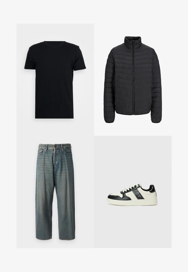 Casaco acolchoado preto com colarinho alto, padrão de quilt vertical, fecho frontal completo com zíper e punhos elásticos. Textura suave, material leve.; T-shirt preta de mangas curtas com decote redondo, feita de um tecido liso, apresentando um corte simples e sem padrões ou designs visíveis.; Jeans de ganga azul claro com um corte solto, cintura média e pernas retas. Apresenta cinco bolsos, passadores de cinto e fecho com botão.; Ténis de couro com um esquema de cores em preto e creme, apresentando detalhes perfurados, um colarinho acolchoado e uma sola texturizada.